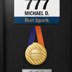 Cadre finisher Noir Premium Run Spark réunissant dossard, médaille de marathon et plaque gravée dorée