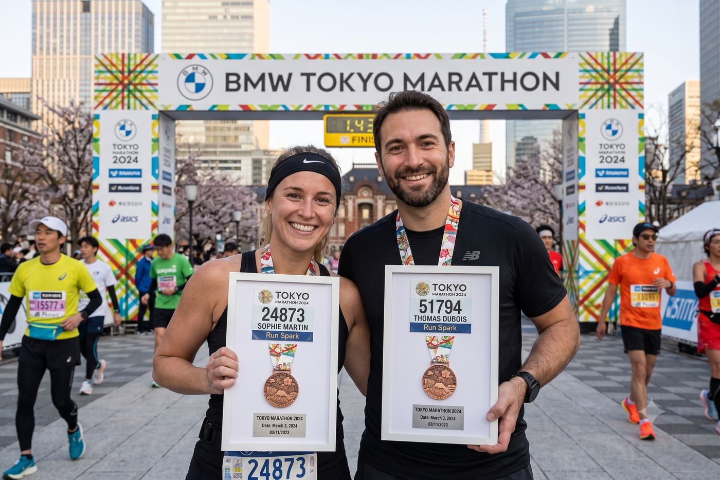 Coureurs avec leurs cadres au marathon de Tokyo